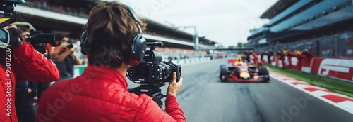 Focused man, motorsport cameraman, dressed in vibrant red, filming the high-speed action on the racetrack, taking photos of formula 1 race competition