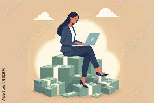 Illustration of a career woman working with a laptop on a pile of dollar bills, Concept of glory and success