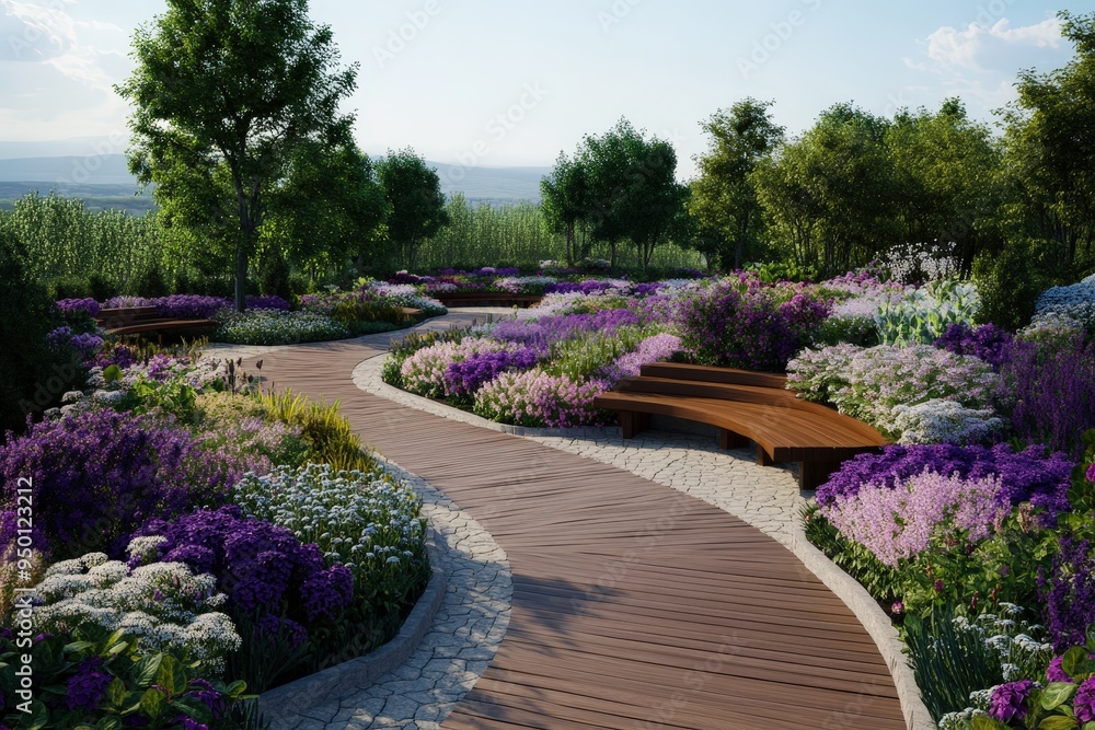 Fototapeta premium A winding wooden walkway meanders through a vibrant garden filled with a myriad of colorful flowers, set against a backdrop of towering trees and clear skies.