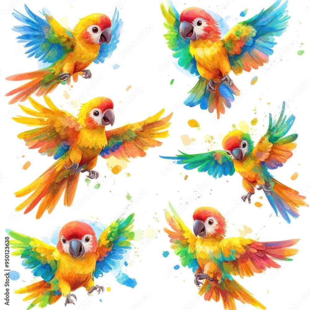 Obraz premium Colorful illustrations of parrots in various poses with vibrant feathers.