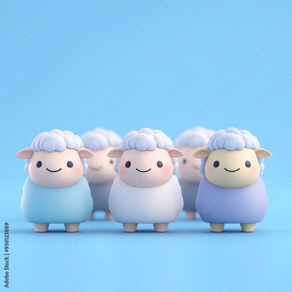 Obraz premium A group of cute cartoon sheep with various pastel colors against a blue background.