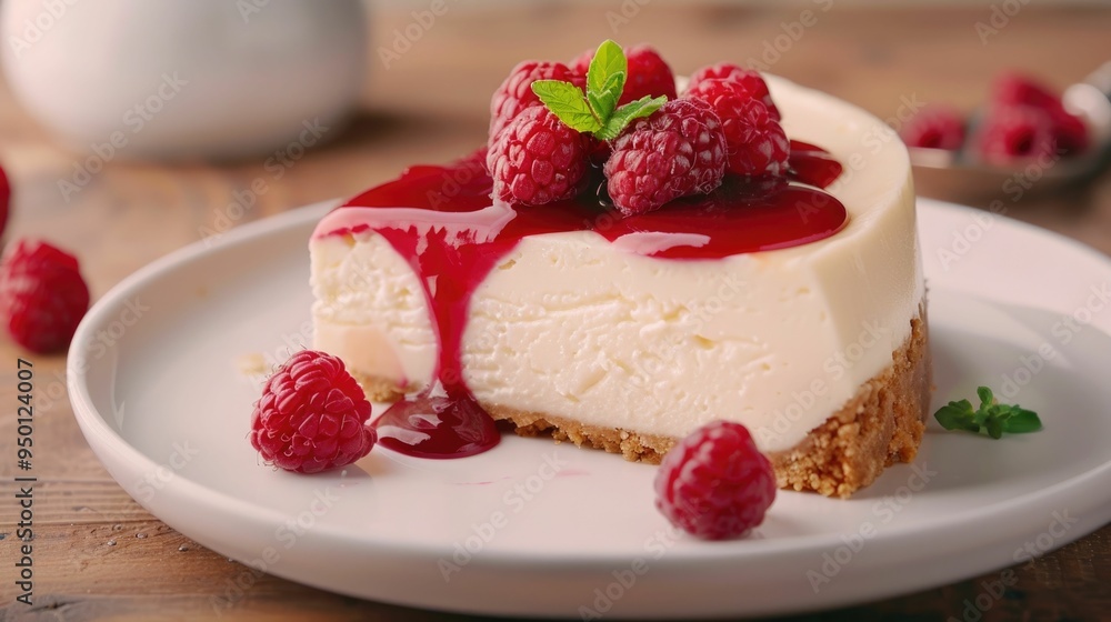 Delectable creamy cheesecake topped with a vibrant raspberry coulis and fresh mint leaves presented on a wooden plate against a soft blurred background Delectable creamy cheesecake topped with a vibrant raspberry coulis and fresh mint leaves presented on a wooden plate against a soft blurred background