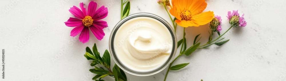 Fresh cream in a glass jar, surrounded by wildflowers, organic branding Fresh cream in a glass jar, surrounded by wildflowers, organic branding