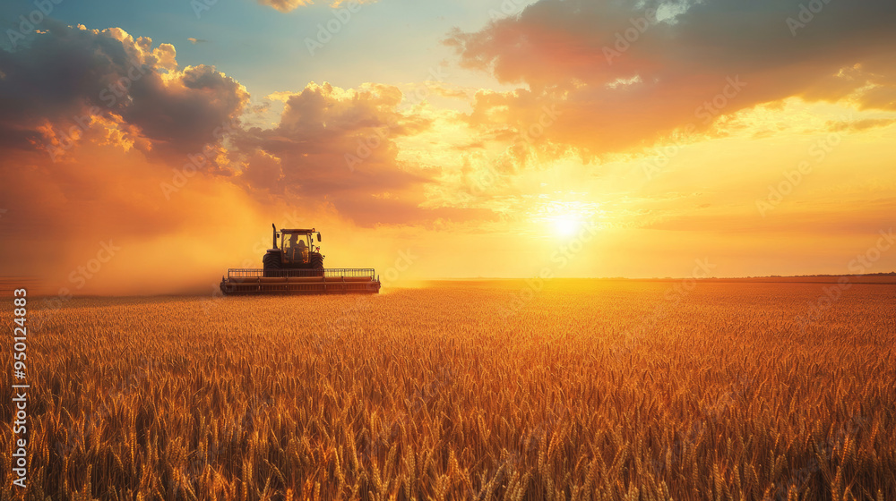 Silhouette of a tractor harvesting a vast wheat field at sunset, with dramatic clouds and golden light creating a picturesque scene.
Silhouette of a tractor harvesting a vast wheat field at sunset, with dramatic clouds and golden light creating a picturesque scene.