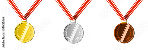 Gold, Silver, and Bronze Medals with Red and White Ribbons - Award Symbols for Top Three Achievements in Competitions and Sports - Vector Illustration