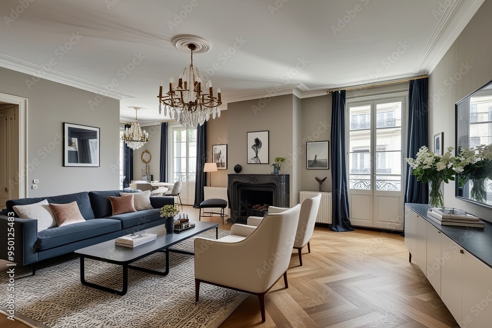 Fototapeta premium Chic Contemporary Parisian Dwelling with Scandinavian Influence in Elegant Living Quarters