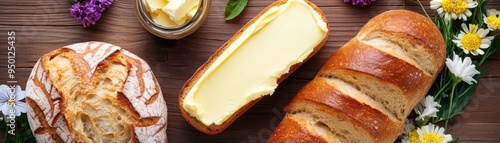 Organic butter pats with fresh baked bread and flowers,