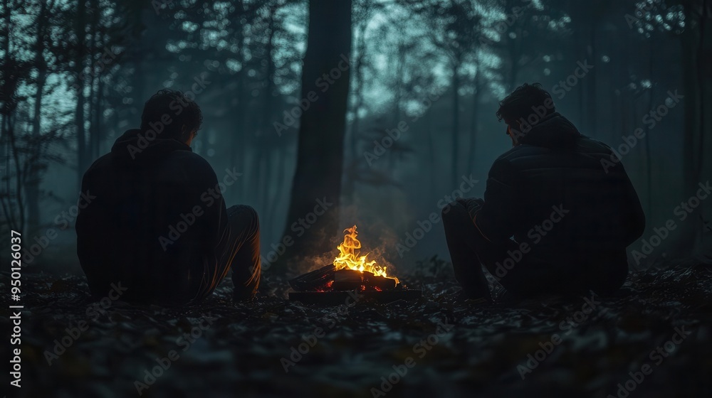Scary stories being told around a campfire, set in a dark forest, eerie style, wide shot, soft lighting, high detail Scary stories being told around a campfire, set in a dark forest, eerie style, wide shot, soft lighting, high detail