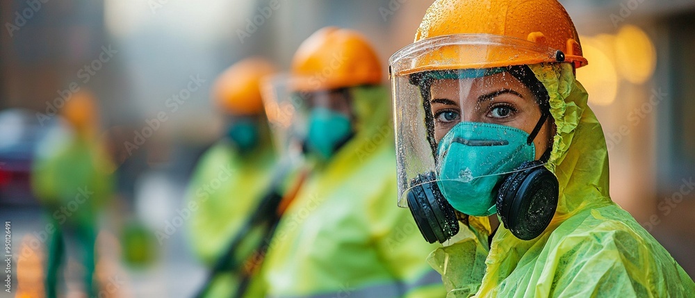 A team of professionals in full hazmat suits and protective gear meticulously disinfecting city streets. A team of professionals in full hazmat suits and protective gear meticulously disinfecting city streets.