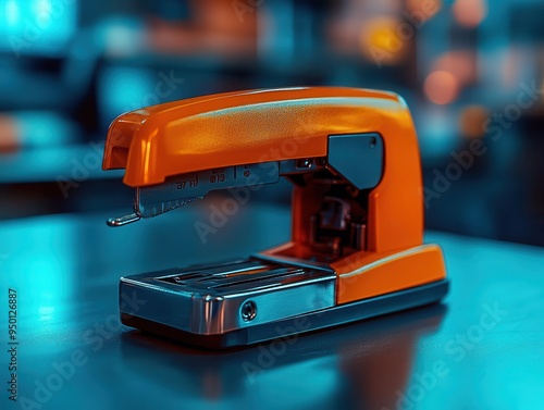 Stapler with a flat-clinch mechanism, stapling papers, modern office style, close-up, high detail, sharp focus, soft shadow