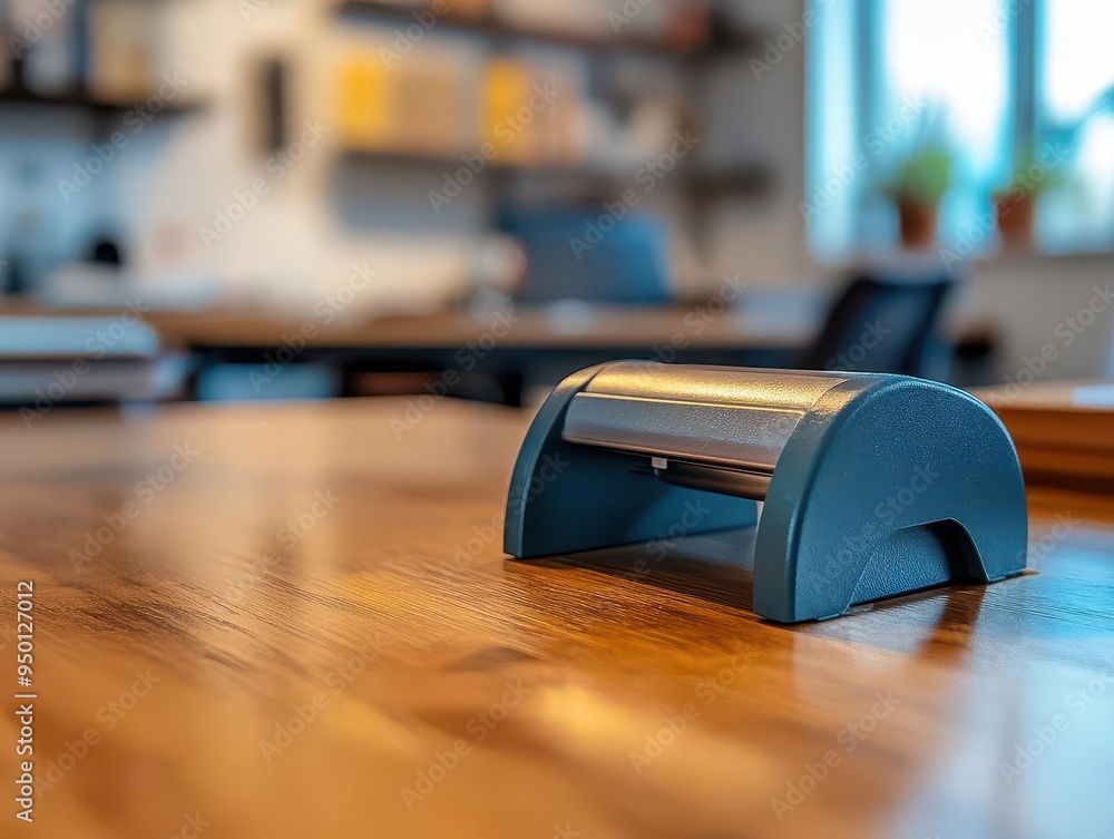 Tape dispenser with a weighted base, sitting on a desk, office style, close-up, sharp focus, soft lighting, neutral tones