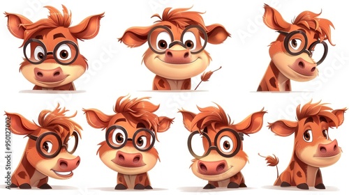 A collection of cartoon cow characters with various expressions and glasses.