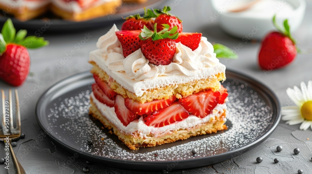 Luscious and indulgent strawberry shortcake with layers of fluffy whipped cream in a deep depth of field photography Luscious and indulgent strawberry shortcake with layers of fluffy whipped cream in a deep depth of field photography