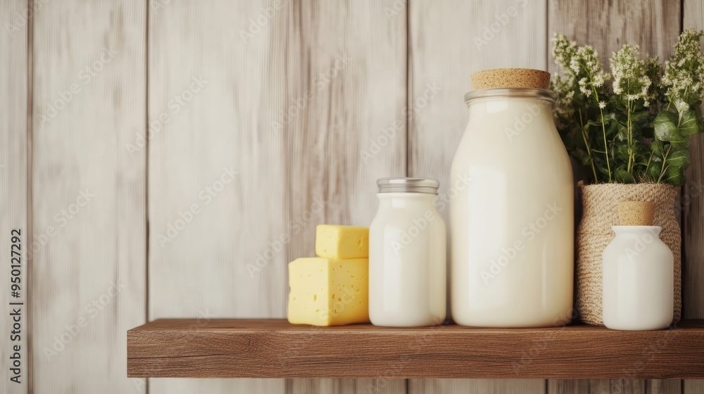Organic dairy products including milk, cheese, and butter on a rustic wooden shelf, accompanied by fresh herbs in a burlap-wrapped pot. Organic dairy products including milk, cheese, and butter on a rustic wooden shelf, accompanied by fresh herbs in a burlap-wrapped pot.