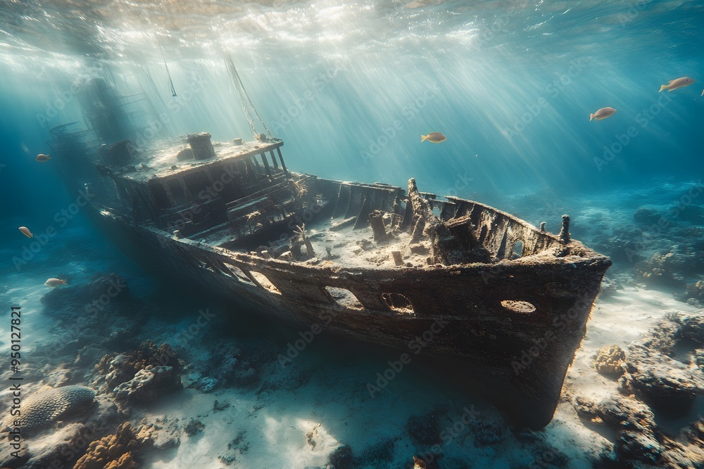 Sunbeams illuminate an old shipwreck on the seabed with fish swimming around it. Sunbeams illuminate an old shipwreck on the seabed with fish swimming around it.