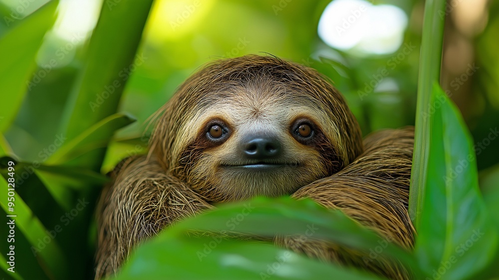 Fototapeta premium A close-up portrait of a cute sloth nestled among vibrant green leaves in a tropical jungle.