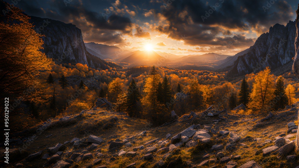 Fototapeta premium Autumn Sunset Mountain Landscape with Golden Foliage