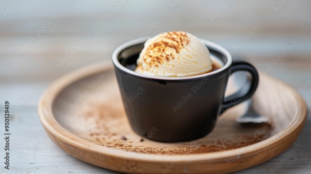 A decadent espresso affogato dessert featuring a rich foamy espresso poured over a scoop of creamy vanilla ice cream served on a wooden table with a cozy comforting ambiance