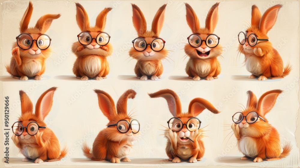 A collage of cute rabbits with glasses displaying various emotions and expressions. A collage of cute rabbits with glasses displaying various emotions and expressions.