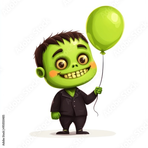 A smiling Frankenstein character holding a balloon, children s art style, bright greens, isolated on white background photo