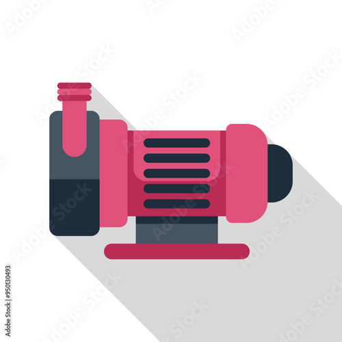 Pink water pump icon in flat style with long shadow on a white background representing pumping station equipment