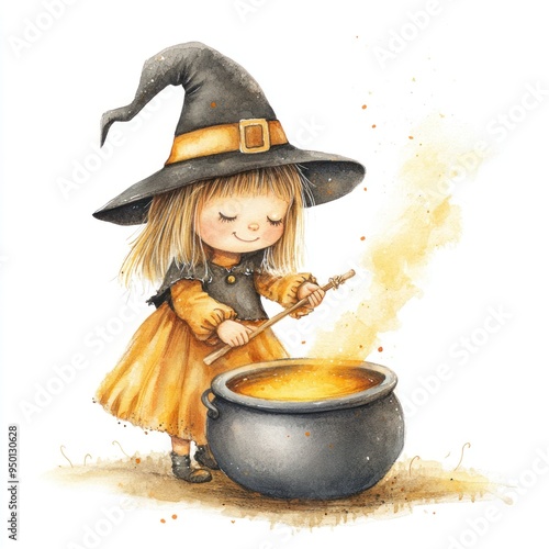 A small witch stirring a cauldron, playful children s illustration, warm colors, isolated on white background photo