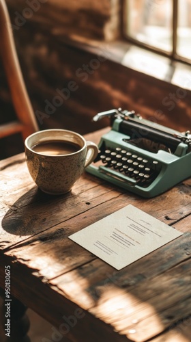 Vintage Business Card Mockup on Rustic Wooden TableCoffee and Typewriter photo