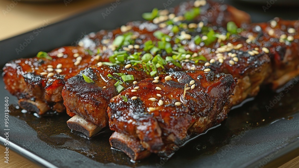 Close-up of succulent BBQ ribs sizzling on the grill, glazed with a rich, flavorful sauce and garnished with sesame seeds and green onions.