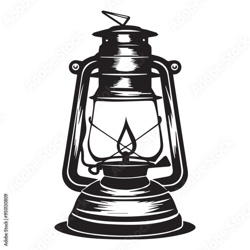 Hand Drawn Vintage Lantern in Woodcut Style - Black and White Vector Illustration