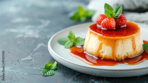 Beautifully plated crme caramel dessert with a rich caramel sauce topping and fresh strawberry and mint garnish set against a blurred background for a refined and elegant presentation photo