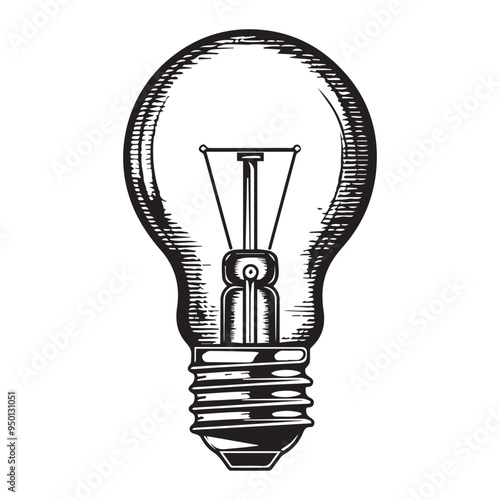 Hand-Drawn Lightbulb Vector Illustration in Black and White Woodcut Engraving Style