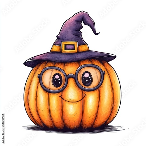 A pumpkin with a witch s hat and glasses, kawaii style, vibrant colors, isolated on white background photo