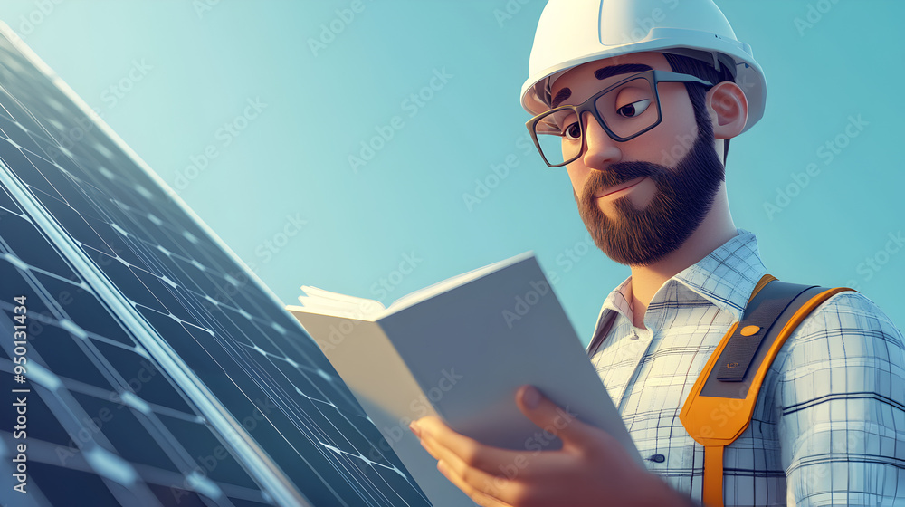 Professional Electrical Engineer Inspecting Solar Panels on Rooftop Professional Electrical Engineer Inspecting Solar Panels on Rooftop