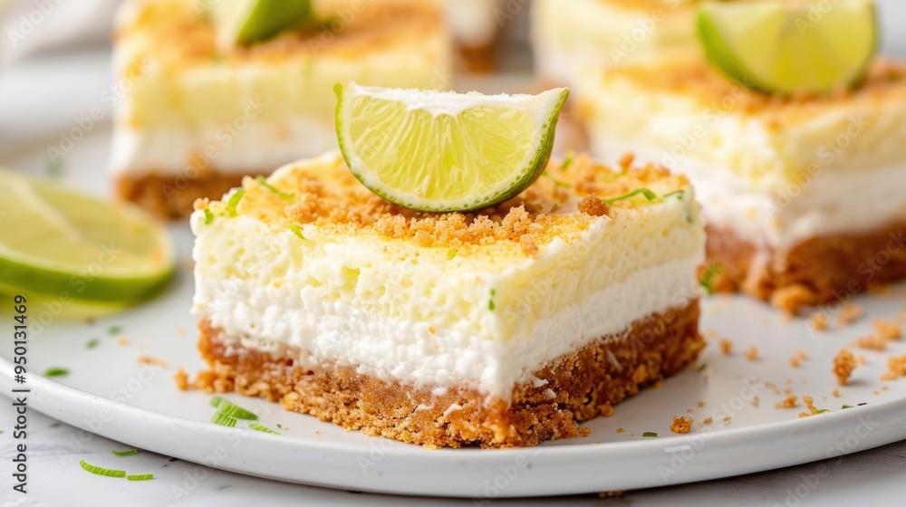 Closeup of Homemade Delectable Key Lime Bars with a Creamy Filling and Graham Cracker Crust Served on a White Plate Closeup of Homemade Delectable Key Lime Bars with a Creamy Filling and Graham Cracker Crust Served on a White Plate
