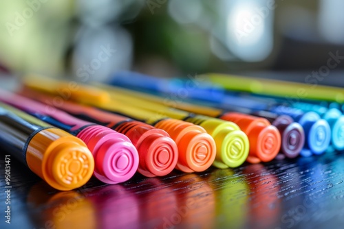 78. A set of bright, colorful markers arranged neatly on a desk. High resolution photography, detailed, hyperrealistic, simple solid background, allow empty spaces in your composition photo