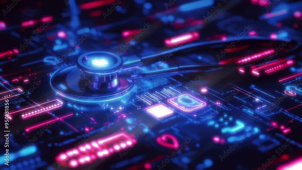 stethoscope surrounded by digital data with glowing effect stethoscope surrounded by digital data with glowing effect