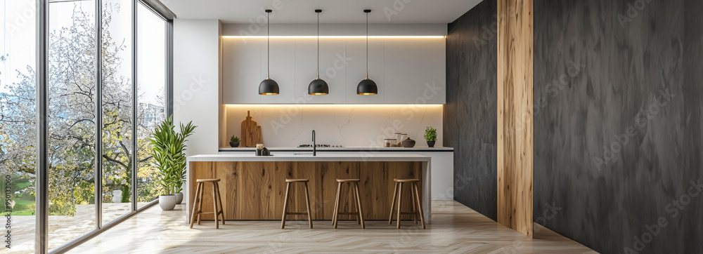 Contemporary Scandinavian Kitchen Sleek Monochrome Design with Warm Wood, Elegant Gold Touches, and Abundant Natural Light Contemporary Scandinavian Kitchen Sleek Monochrome Design with Warm Wood, Elegant Gold Touches, and Abundant Natural Light