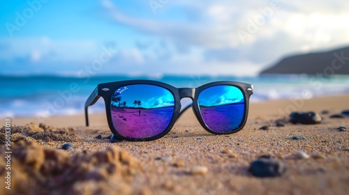 Wallpaper Mural Sunglasses on a sandy beach reflecting the sky and ocean. Torontodigital.ca