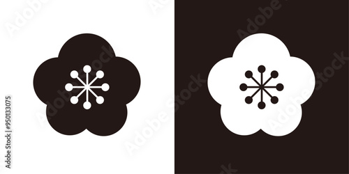 かわいい和風の梅の花のアイコン＿家紋風＿白黒