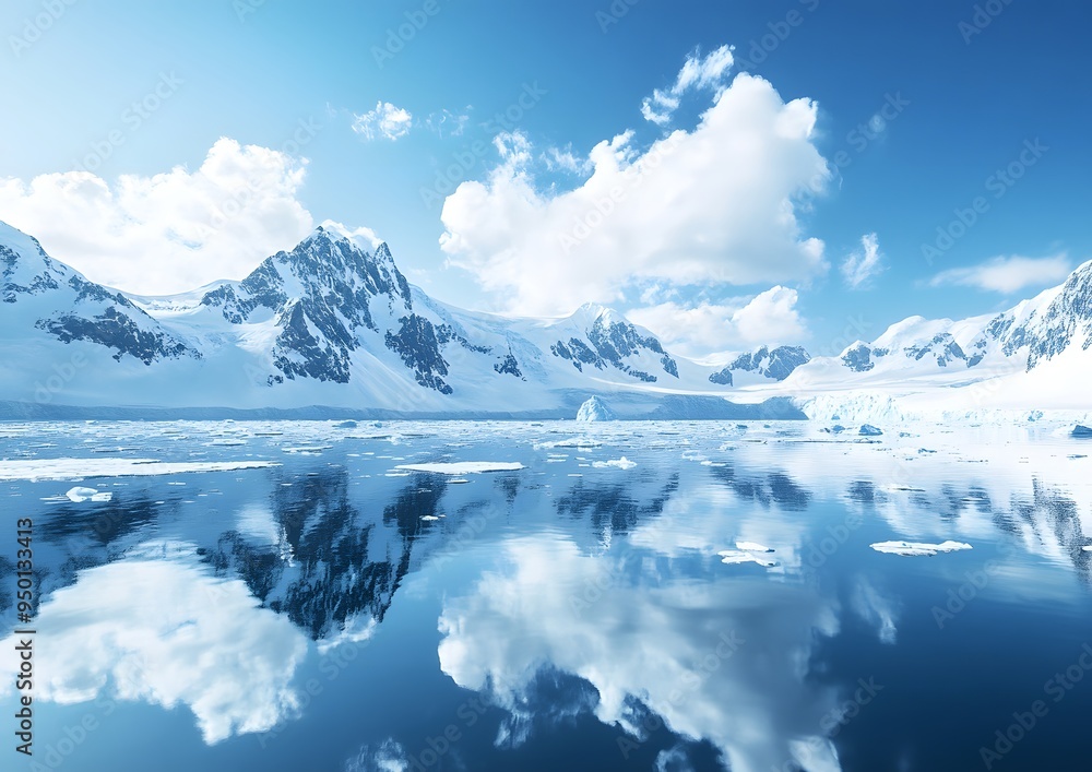 custom made wallpaper toronto digitalStunning panoramic view of a snow-covered mountain range reflecting in a calm, ice-filled ocean with blue skies and clouds.