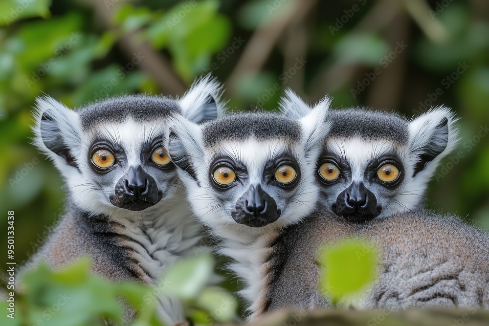 Fototapeta premium Three curious ring-tailed lemurs with striking amber eyes peer intently at the camera, their distinctive black and white facial markings on full display.