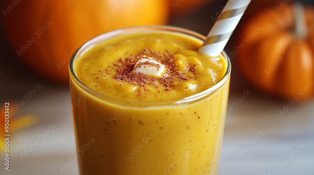 Close-Up of a Tasty Yellow Refreshing Pumpkin Smoothie in a Glass with Autumn Decorations, Perfect Fall Beverage Close-Up of a Tasty Yellow Refreshing Pumpkin Smoothie in a Glass with Autumn Decorations, Perfect Fall Beverage