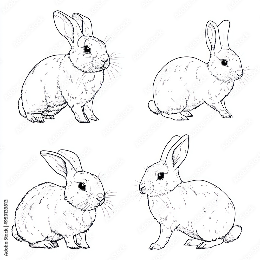 Four sketches of rabbits in various poses, showcasing their features and expressions. Four sketches of rabbits in various poses, showcasing their features and expressions.