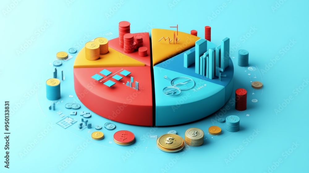 A creative 3D pie chart with segments represented by different objects (e.g., coins, graphs, icons), symbolizing the diversity of data sources in a financial report. A creative 3D pie chart with segments represented by different objects (e.g., coins, graphs, icons), symbolizing the diversity of data sources in a financial report.