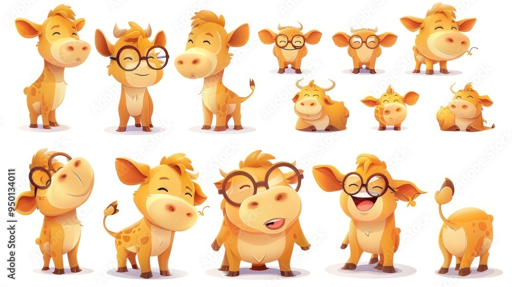 A colorful illustration of cartoon cows with various expressions and poses. A colorful illustration of cartoon cows with various expressions and poses.