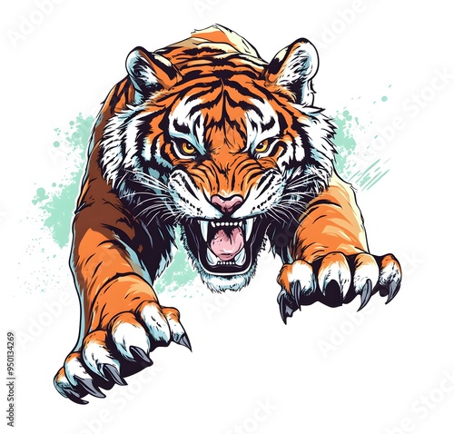 A ferocious tiger with sharp claws and teeth snarling with an aggressive expression. photo