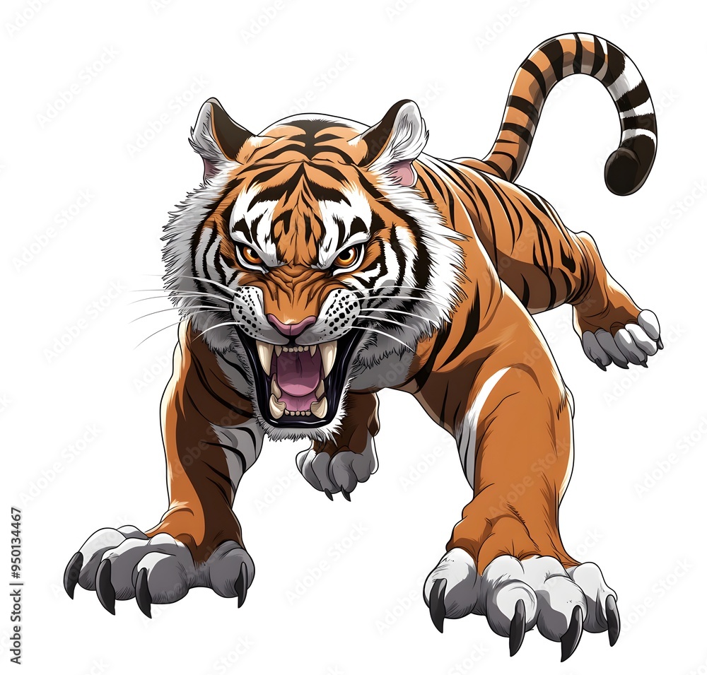 A fierce tiger snarls with bared teeth and claws extended. A fierce tiger snarls with bared teeth and claws extended.