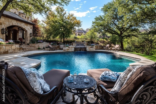 A charming pool area surrounded by lush trees, featuring cozy seating arrangements, decorative stonework, and a serene waterfall for ultimate relaxation and enjoyment. photo