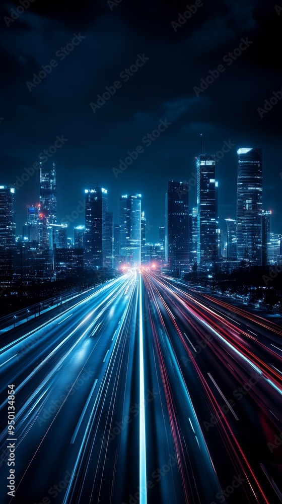 Fototapeta premium Futuristic Highway Leading to Vibrant City Lights, Symbolizing the Journey Ahead