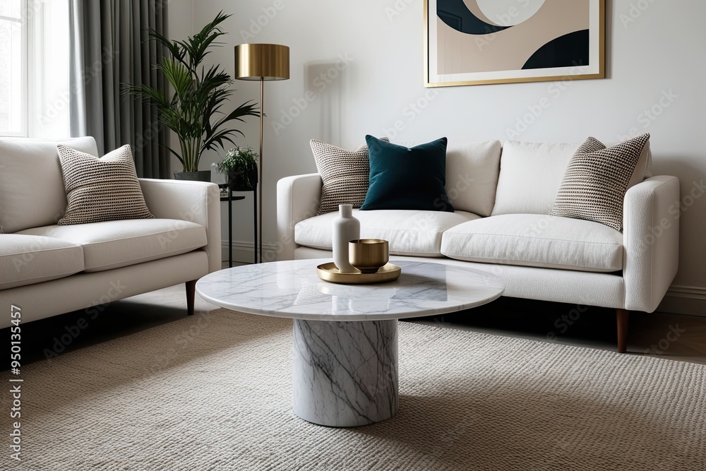 View of Scandinavian Style Round Marble Coffee Table with Plush White Sofa in ...